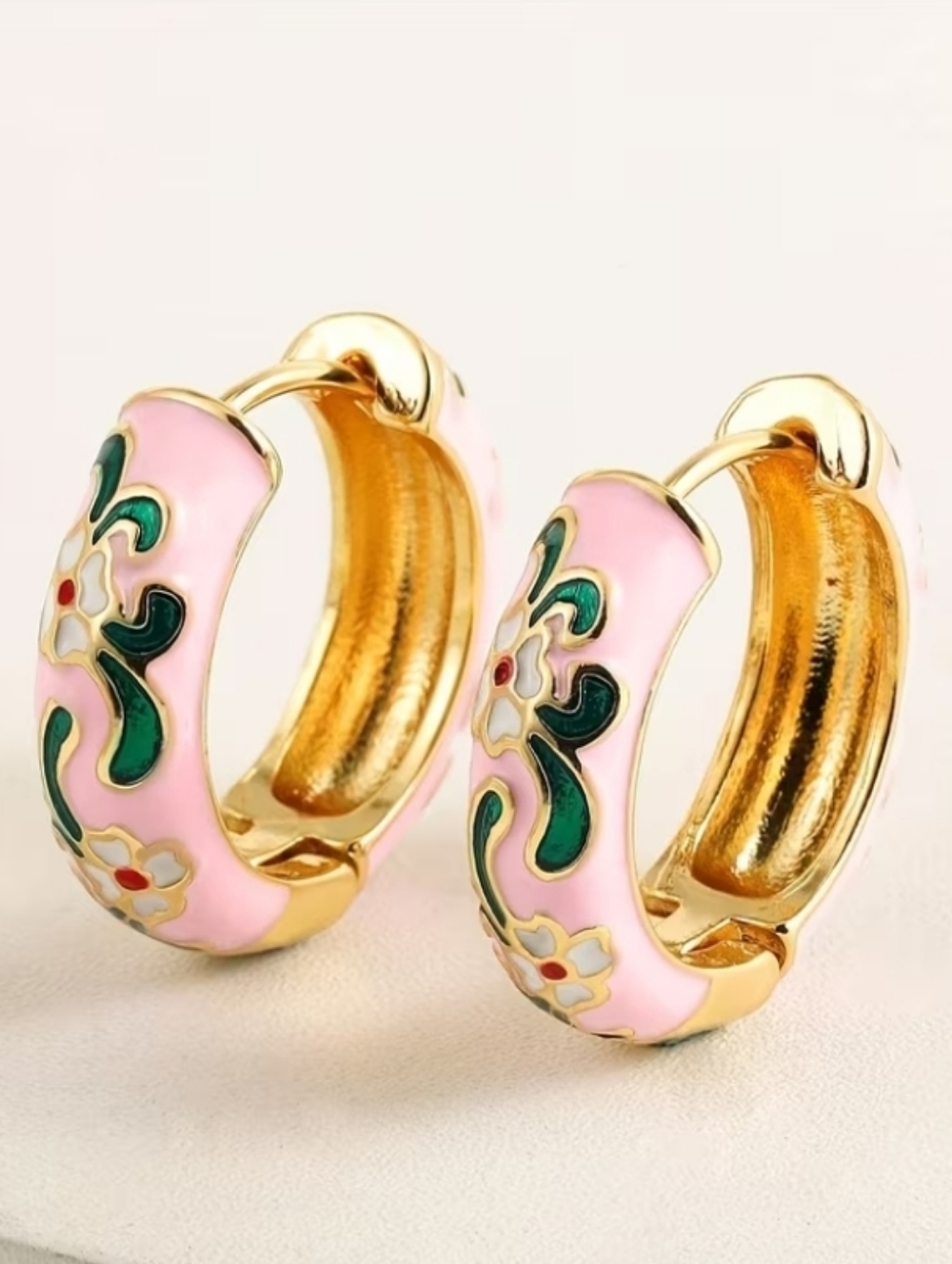 NEW! Gold Plated Chic Pink Floral Enamel Huggie Hoop Earrings